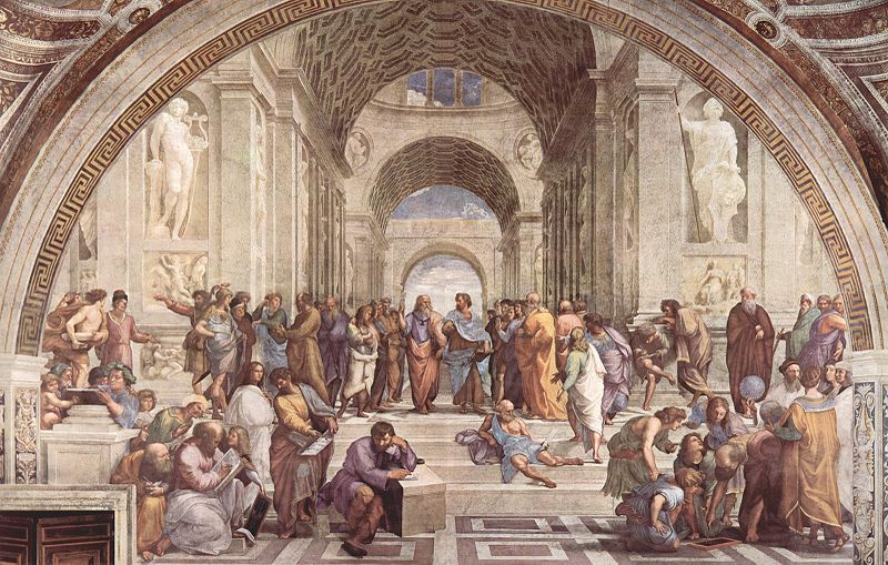Raffaello Sanzio: “La Scuola di Atene“, stanza della Segnatura (Vaticano), fra il 1509 ed il 1511, misura 772 cm. (base) x 500 cm. (altezza).